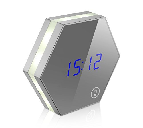 5-in-1 LED Digital Wecker MULTIFUNKTIONS-UHR | Reise-Wecker | Tischuhr | Nachtlicht mit Touch-Dimm-Funktion | Thermometer | Spiegel | Uhrzeit/3 Alarmzeiten/Temperatur-Anzeige | per USB Aufladbar Weiß-Silber