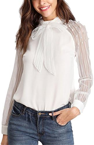 Hangyin Stand Collar Long Sleeve Tie Neck Bow Blouse Women White Pearl Beading Embellished Striped Mesh Sleeve Shirt