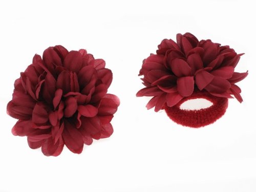 Twilo Design 2 Large Ponio Flowers On Elastic Hairband 6.5Cm Flower -Wine