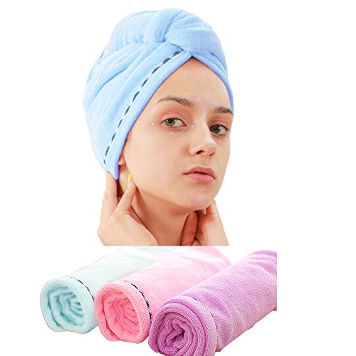 Laicky Lot de 3 Serviettes de séchage en Microfibre Super absorbantes pour Cheveux avec Boutons et Boucle de Fixation pour Cheveux Rosa Blau Lila