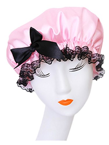 Moolecole Fashion Women's Bow-knot Waterproof Double Layer Shower Cap Big Polka Dots Printed Elastic Band Bathing Cap Spa Shower Hat Pink