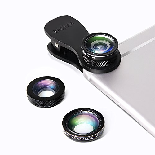 EPCTEK Lente de Ojo de Pez 3 en 1 Fisheye Objetivo de 180 Grados + 0.65X Gran Angular Lente + 10X Macro Lente con 3 Lente Separada para iPhone 6/6s 6 Plus Android Moviles