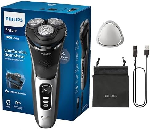 Philips rasoio elettrico serie 3000 - Rasoio elettrico Wet & Dry per uomo con tecnologia SkinProtect, colore Deep Black, rifinitore a scomparsa, rasoio cordless, astuccio da viaggio (modello S3241/12)