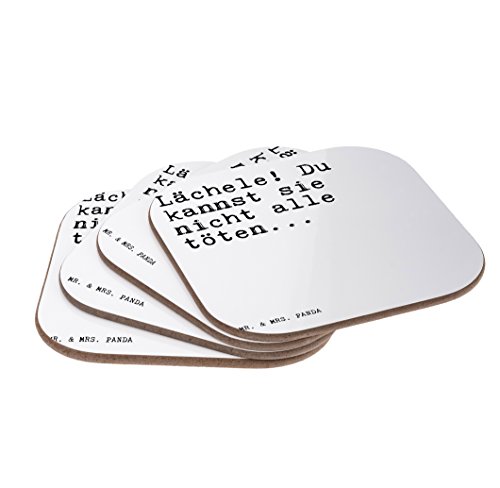 Mr. & Mrs. Panda Quadratische Untersetzer mit Spruch „Lächele! Du kannst sie nicht alle töten…“ – 100% handmade aus Hartfaser – Untersetzer, Holz, Glas, Gläser, Glasuntersetzer, Frühstück, Party, Geschenk, Geschenke, Schenken, Mitbringsel, Set, quadratisch, quadrat, eckig, Tisch Lachen Aggression Wut Spruch Sprüche Lustig Spass Geschenk Geschenkidee Zitate - 4