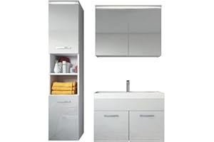 BADPLAATS B.V. Badezimmer Badmöbel Set Paso LED 80cm Waschbecken Hochglanz Weiß Fronten - Unterschrank Hochschrank Waschbecken Spiegelschrank