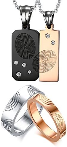Vnox His Her Stainless Steel Fingerprint Promise Couple Rings Pendant Necklace Jewelry Sets for Valentine Gift