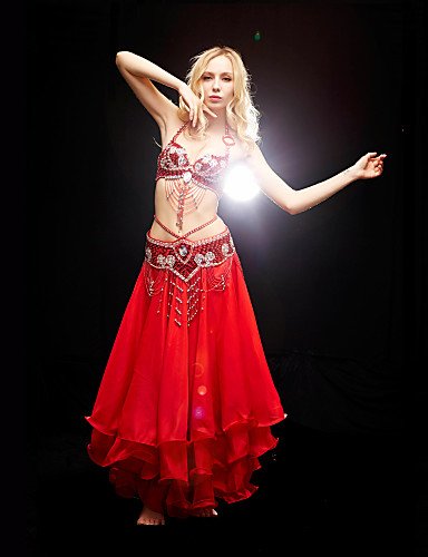 WUDAOFU Belly Dance Outfits Women's Training Polyester Beading / Sequins 2 Pieces Sleeveless Natural Bra / Belt , red