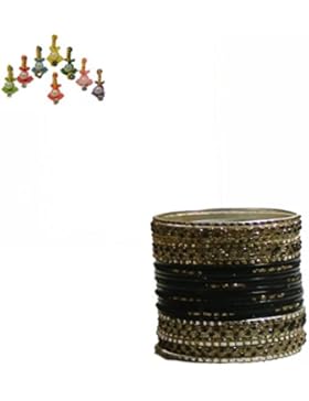Indische Bangles 24 Armreifen Lovely schwarz gold 7 cm mit Bindis Bollywood Sari Schmuck