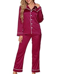 ADOMER Mujer Pijama 2 Piezas Satén Camiseta Raso Prenda Manga Larga Ropa Dormir