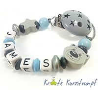 Schnullerkette mit Namen für Jungen mit kleinem Bär und Stern - blau, grau / anthrazit, silber