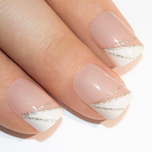 Bling Art False Nails French Manicure White Silver Glitter 24 Full Medium UK