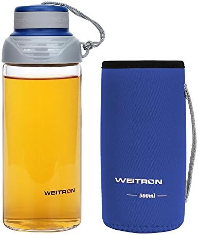 Glass Water Bottle with Leak-Proof Small Mouth Sports Water Bottle,17oz/Blue Removable Stainless Steel Filter and Handsel Portable Sleeve Borosilicate Water Bottle