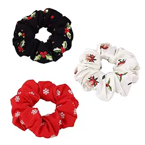 MASQ by Q-One Hair Accessories, Winter Embroidered, Handmade, Satin Poly Crepe Scrunchies / Hair Bands for Women, Girls with Elastic (Multicolor, Pack of 3)