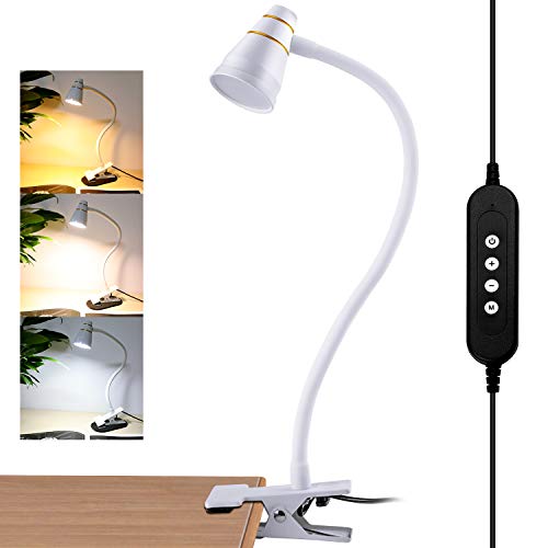 Lámpara de Lectura LED USB - Lámpara con Clip de Escritorio de Mesa de 5W, Iluminación Regulable con 3 Modos de Luminosidad, para la Oficina, Hogar, Lectura, Estudio, Trabajo (Blanco)