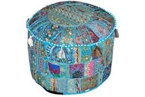 SOPHIA-ART Indiano Ricamato Patchwork ottomano, Tradizionale Indiano Decorativo Pouf ottomano, Indiano Comodo da Terra in Cotone ottomano Pouf, Indiano Design Etnico Patchwork Pouf 45,7 x 33 cm (Cielo Blu)
