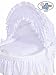 **BRAND NEW LUXURY WHITE WICKER CRIB / MOSES BASKET / BASSINET WITH HOOD, SOLID WHITE WOODEN BASE, WHITE WITH LACE BEDDING SET + BRITISH MADE MATTRESS