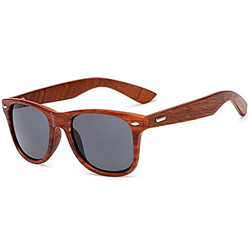 Lunettes de soleil En bois pour Hommes Femmes Vintage Réal Bras En bois Lunettes par LongKeeper (Marron, Gris)