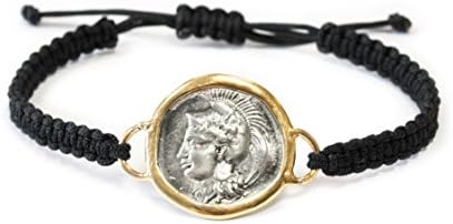 Joyasantiguas - Silver Bracelet macrame vintage gold plated/oxide Greek coin goddess Athena