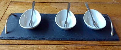 Set of three condiment seasoning pickle oval dishes with forks and rectangular slate platter
