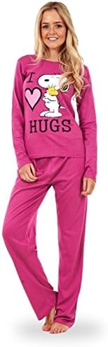 Ladies Long Sleeve Animal Print Pyjama Set 100% Cotton PJ's Nightwear 7 Colours (Large, Fuchsia - I Love Hugs)