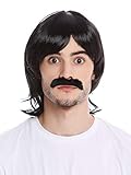 Nuevo y en empaque original! WIG ME UP ® - 91105-ZA103 Peluca y Bigote Hombres Halloween Carnaval Largo Liso Policía de 1970 70s Retro mujól Negro