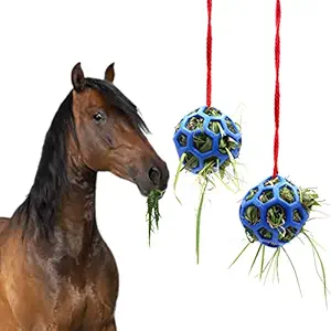 2pcs Horse Treat Ball Hay Feeder Toy Ball Hanging Feeding Toy for Horse Horse Goat Sheep Relieve Stress, Horse Stable Stall Paddock Rest (Blue)