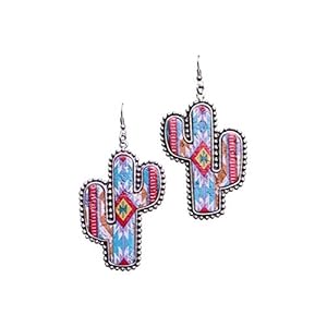 Western Pattern Printed Cork Large Size Cactus Metal Earrings No. 51M2