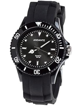 Andante Sportliche Wasserdichte Unisex Armbanduhr Silikon Quarz 3ATM SCHWARZ AS-5002