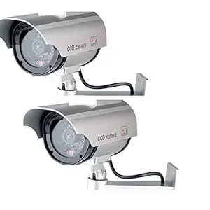 AASTIK Camera Dummy with Realistic Bullet CCD Design Blinking LED Light, for Outdoor or Indoor Security Fake Use Ideal for Commercial Business Security or Residential (2PIC) Silver