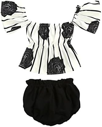Newborn Infant Baby Girl Off Shoulder Flower Rose Striped Tops+Shorts Outfit Set Baby Girls Sets Clothes For Newborn Toddler Years Headband Romper Infant Pants Long Shirt Top Skirt (80)