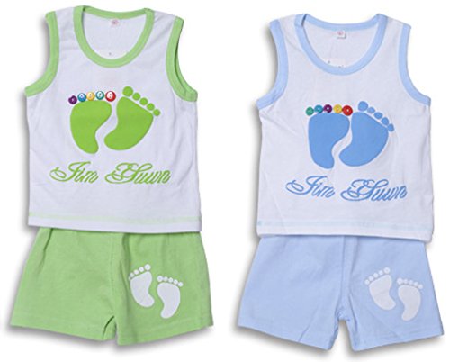 Pandaren® Pack of 2 summer cotton sleeveless shorts 2pcs set pants sports clothing set for baby boy girl infant toddler (Foot, Blue Green) (12-18 months)