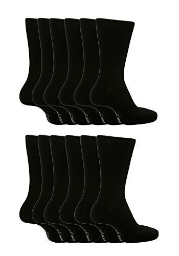 12 paia di calze da uomo senza elastico, taglia UK 6-11, taglia europea 39-45, tinta unita, non stringono Black MGG100 Large 