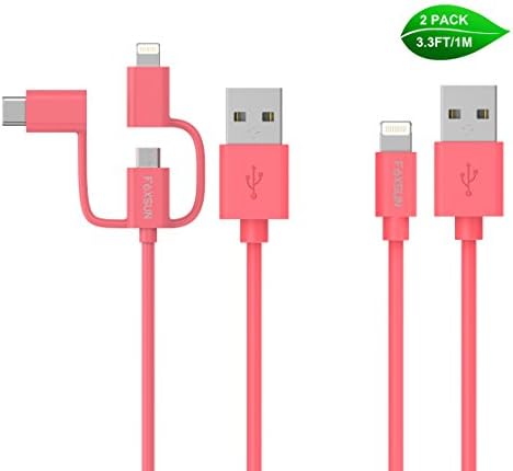 Multi USB Charging Cable,Foxsun 3.3ft/1m 3-in-1 USB Type C Cable with Type C/8Pin Lighting/Micro USB Connector + Single Lightning Cable MFi Certified for iPhone,iPad and Android Devices-Pink
