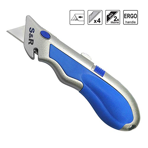 S&R Schnellwechssel - Profi - Teppichmesser 165mm, SK5 Klinge 3-stufig,Wechssel per Knopfdruck,4 Klingen