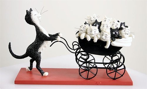 Momma Cat Pushing Baby Carriage with Kittens Le Landeau by Dubout DUB25 Parastone by PARASTONE CAT COLLECTION