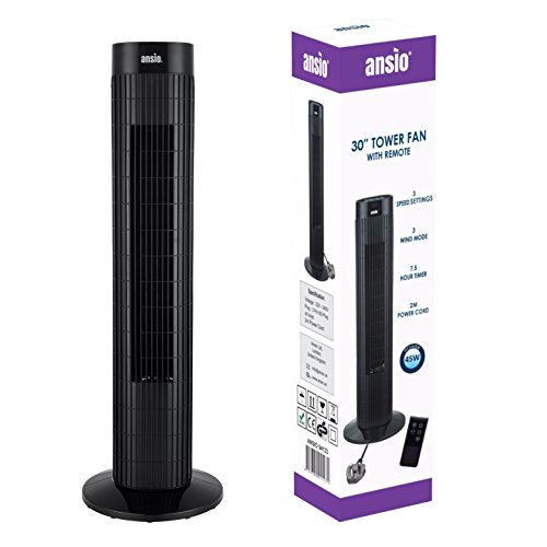 ANSIO® 30'' Oszillierend Turmventilator / Ventilator mit Fernbedienung / 3 Unterschiedliche Programme / 12 Monate Garantie / Lange 2 m Kabel / GS, RoHS, REACH & CE bescheinigt. Schwarz ( Batterien nicht im Lieferumfang enthalten )
