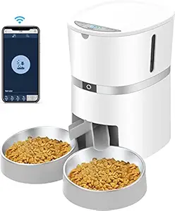 Smart Cat Feeder, WellToBe Automatic Cat Feeder WiFi Enable Pet Dog Food Dispenser App Control for Cat & Dog with Two-Way Splitter and Two Bowls, Voice Recorder Distribution Alarms, Portion Control