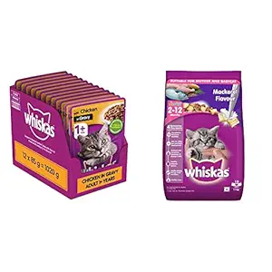 whiskas Adult Wet Cat Food, Chicken in Gravy, 12 Pouches (12 x 85g), Brown & Kitten (2-12 Months) Dry Cat Food , Mackerel Flavour, 1.1kg Pack