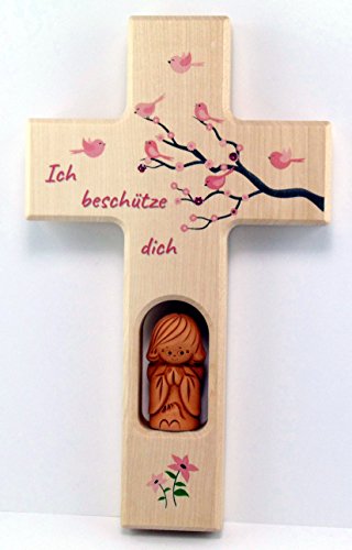 Christshop Schutzengelkreuz, Taufkreuz, Kinderkreuz mit Schutzengel Ich beschütze Dich in rosa mit Swarowski-Schmucksteinchen