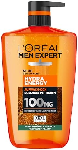 L'Oréal Men Expert XXXL, gel doccia e shampoo da uomo,bagno doccia per la pulizia del corpo,dei capelli e del viso,cura del corpo da uomo,per una freschezza duratura con taurina, Hydra Energy, 1 x