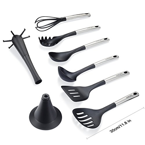 NexGadget Kochenset Kitchen Starter-Set 7-Stücke Sets von Kochgeschirr mit Edelstahl und Nylon Kochen Tools einschließlich Löffel Schlitzlöffel Spaghettiheber Schöpflöffel Pfannenwender Schneebesen und Sockel - 3