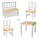 [Rabando] - Kindersitzgruppe 1x Kindertisch mit 2x Kinderstühlen + 1x Kinderbank Holz Weiß Klarlack lackiert