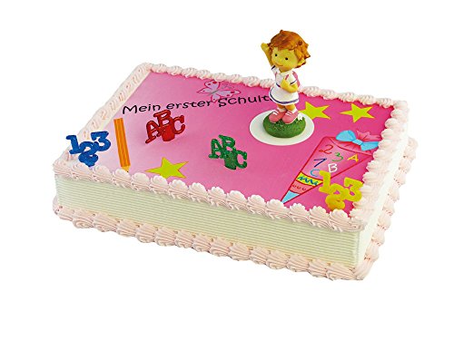 Cake Company Torten-Figur Schulanfang: "Mädchen winkend" | 1 Zucker-Aufleger: "Mein erster Schultag" | Torten-Deko-Set mit 2 x "123-Picker" & 2 x "ABC-Picker" | Kuchen-Deko ideal für Motiv-Torten
