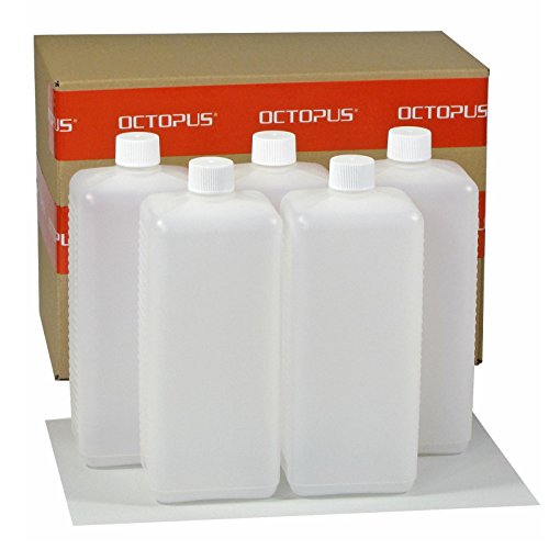 5 x 1000 ml Octopus Kunststoffflaschen, HDPE Plastikflaschen mit weißen Schraubverschlüssen, Leerflaschen mit weißen Schraubdeckeln, Vierkantflaschen inkl. 5 Beschriftungsetiketten