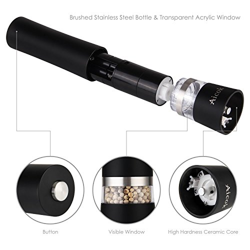 Aicok Salz und Pfeffermühle, Elektrische Gewürzmühle mit einstellbarer Feinheit 2er Set, Schwarz - 4