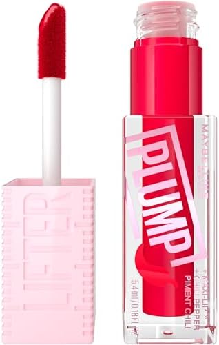 Maybelline Gloss per labbra liquido idratante e rimpolpante, arricchito con peperoncino – Lifter Plump – Colore Red Flag – 5, 4 ml