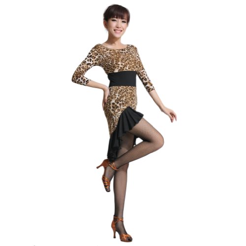 Crewneck 3/4 Sleeve Stretchy High-Low Fishtail Hem Latin Tango Dance Dress