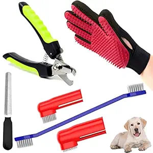 PSK PET MART Dog Grooming Kit - Dog Nail Clippers with Filer + Dog Toothbrush Kit + Pet Grooming Glove for Dog, Puppy, Cat and Kitten - 3 in 1 Dog Combo