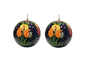 Marigold Multicolor Round Kashmiri Paper Mache Balls Hanging Ornament Tree Decorations Blue with Floral Print