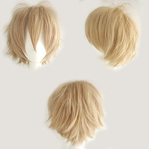 S-noilite® Unisex Short Straight Hair Wig Anime Party Cosplay Warped Full Wigs for Women Men Boy Girls (Linen Blonde)